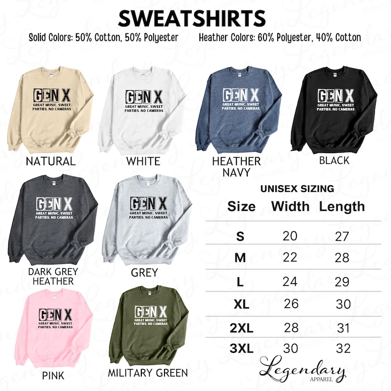 a collection of sweatshirts in various colors and sizes, with a size chart indicating the unisex sizing for each type of sweatshirt.