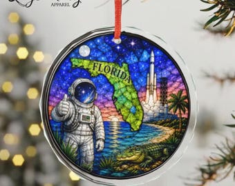 Florida Rocket Launch Stained Glass Style Glass Ornament - Stained-Glass Style Alligator Holiday Decoration - Made with REAL GLASS