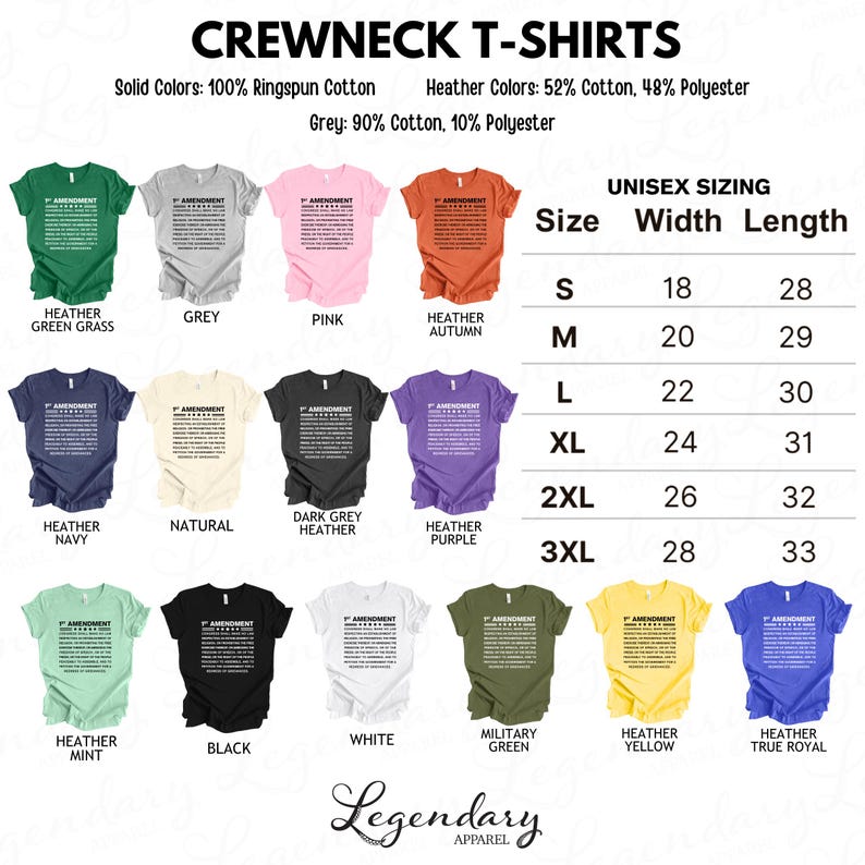 a collection of crew neck t-shirts in various solid colors, including green, pink, orange, and grey, along with sizes and styles such as M, L, XL, and 3XL. The t-shirts are arranged in a grid format, with each row representing a different color and size, and each column representing a different style. The image does not contain any text that can be described in more detail, and it does not include any additional information about the t-shirts or their features.