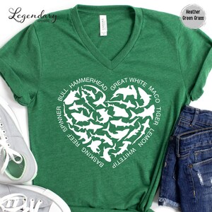 Shark Heart VNeck Shirt Ocean Lover Shirt Nature Documentary Gift For Shark Lover Hammerhead Maco TShirt Great White Shark Vneck TShirt