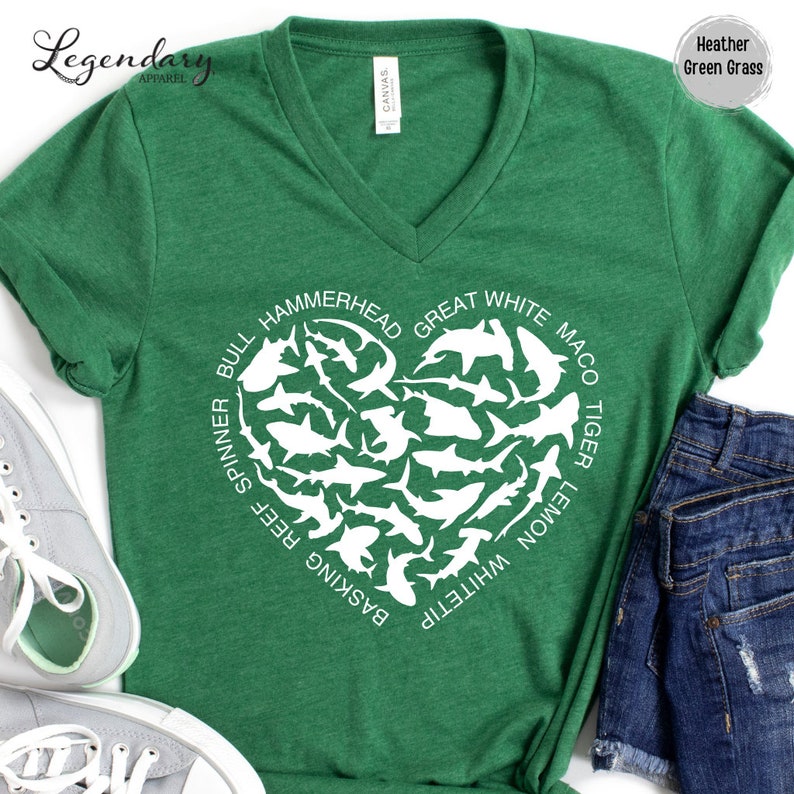Shark Heart VNeck Shirt Ocean Lover Shirt Nature Documentary Gift For Shark Lover Hammerhead Maco TShirt Great White Shark Vneck TShirt