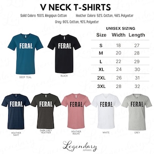 a collection of V neck t-shirts in solid colors, ranging from navy blue to grey, with varying heather colors and cotton types. The t-shirts are organized by size, with different sizes listed below each color. The image also includes a table with the sizes and corresponding widths for each color.
