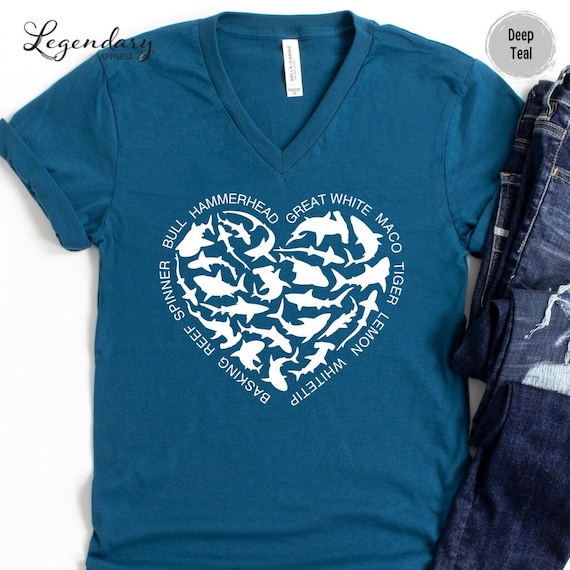 Shark Heart VNeck Shirt Ocean Lover Shirt Nature Documentary Gift For Shark Lover Hammerhead Maco TShirt Great White Shark Vneck TShirt