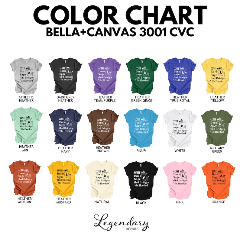 May include: Color chart for Bella + Canvas 3001 CVC t-shirts, showing various heather and solid colors. The chart includes the following colors: Athletic Heather, Dark Grey Heather, Heather Team Purple, Heather Green Grass, Heather True Royal, Heather Yellow, Heather Mint, Heather Navy, Heather Brown, Aqua, White, Military Green, Heather Autumn, Heather Mustard, Natural, Black, Pink, and Orange.
