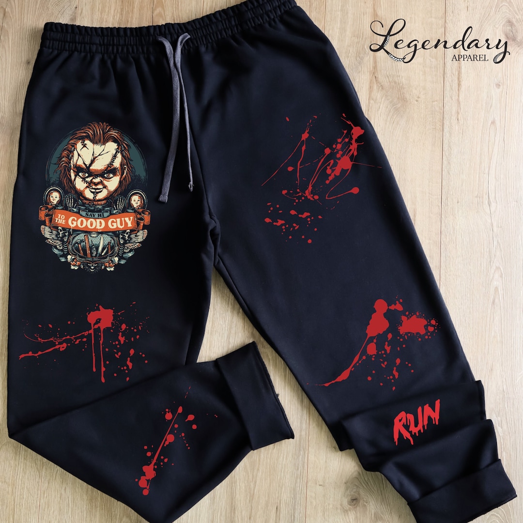 Horror Movie Sweatpants Chucky Doll Blood Splatter Joggers Halloween