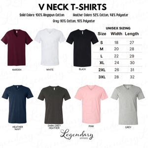 a collection of V neck t-shirts in various solid colors, including burgundy, white, black, and grey, along with their respective sizes and styles.