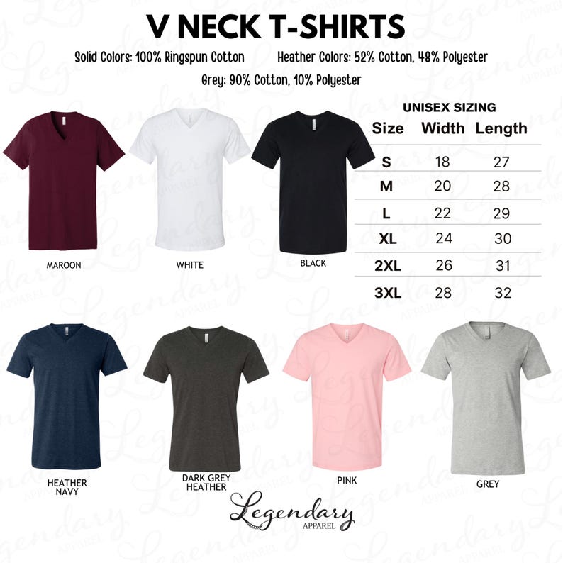 a collection of V neck t-shirts in various solid colors, including burgundy, white, black, and grey, along with their respective sizes and styles.