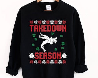 Guys Wrestling Ugly Sweater Shirt Takedown Season Christmas Santa High School Wrestling Tee Shirt Wrestler Xmas Tee Shirt