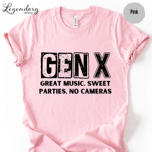 A pink t-shirt with the text "GENX" printed on it.