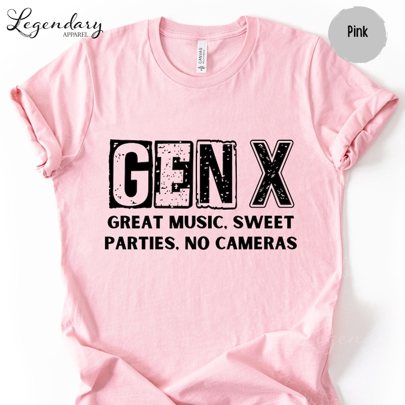 A pink t-shirt with the text "GENX" printed on it.