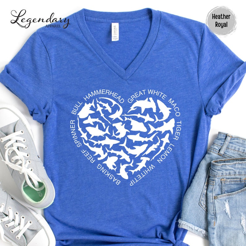 Shark Heart VNeck Shirt Ocean Lover Shirt Nature Documentary Gift For Shark Lover Hammerhead Maco TShirt Great White Shark Vneck TShirt