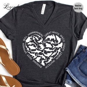 Shark Heart VNeck Shirt Ocean Lover Shirt Nature Documentary Gift For Shark Lover Hammerhead Maco TShirt Great White Shark Vneck TShirt