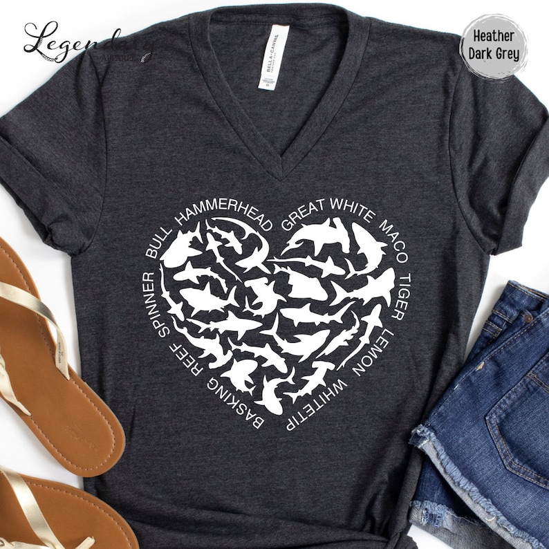 Shark Heart VNeck Shirt Ocean Lover Shirt Nature Documentary Gift For Shark Lover Hammerhead Maco TShirt Great White Shark Vneck TShirt