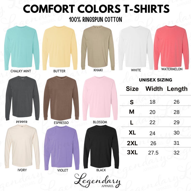 a collection of t-shirt designs in various colors and sizes, including Chalky Mint, Butter, Khaki, White, Watermelon, Pepper, Espresso, Blossom, L, XL, 2XL, 3XL, Ivory, and Black. The t-shirts are made of 100% RINGSSPIN COTTON, and the image provides information about their sizes and colors, including the unisex sizing and the width and length of each design.