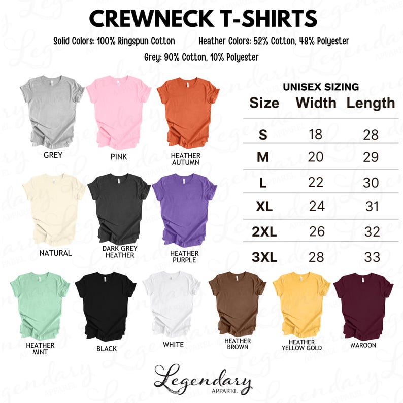 a collection of crew neck t-shirts in various solid colors, including gray, pink, orange, and black, as well as crew neck styles in different fabrics and patterns.