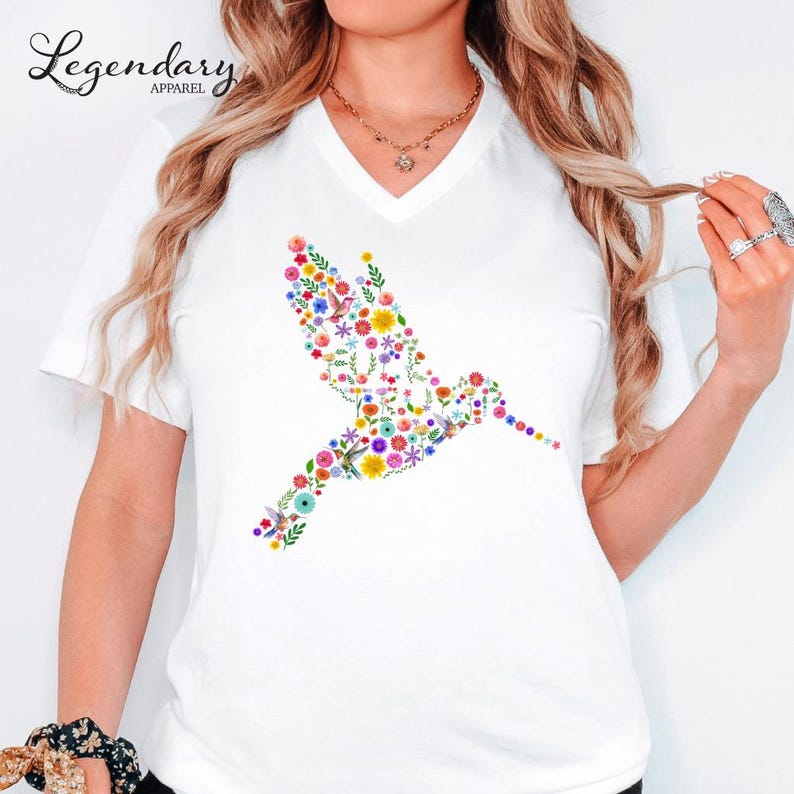 Subtle Anti Trump V-Neck Tee Shirt Floral Hummingbird FDT Tee Shirt Feminist Shirt Political Protest Resist Hidden Message Subtle FDT VNeck White