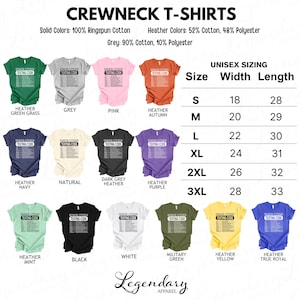 a collection of crew neck t-shirts in various solid colors, including green, grey, pink, orange, and purple, along with sizes and styles such as regular, crew neck, and crew neck with a text overlay.