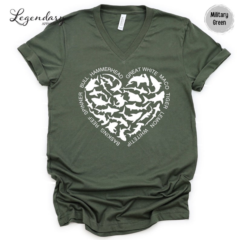 Shark Heart VNeck Shirt Ocean Lover Shirt Nature Documentary Gift For Shark Lover Hammerhead Maco TShirt Great White Shark Vneck TShirt