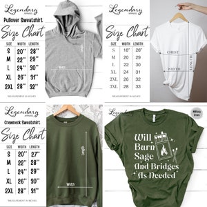 May include: Size chart for pullover and crewneck sweatshirts in gray and green. The chart shows sizes from small to 3XL with corresponding width and length measurements in inches.