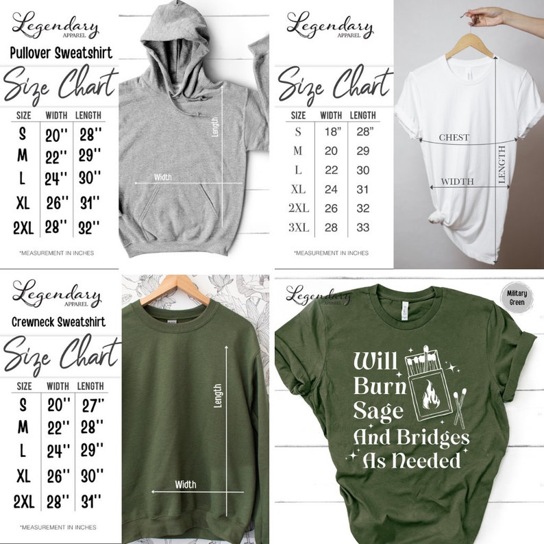 May include: Size chart for pullover and crewneck sweatshirts in gray and green. The chart shows sizes from small to 3XL with corresponding width and length measurements in inches.