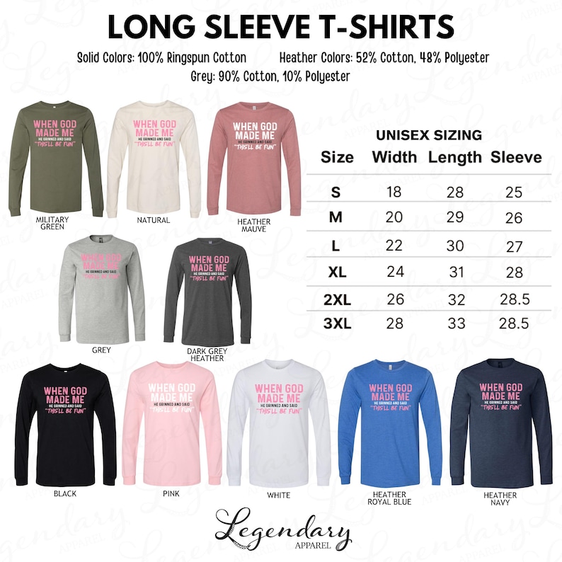 The image is a collage of various long sleeve t-shirts in different colors and sizes, along with their corresponding measurements.