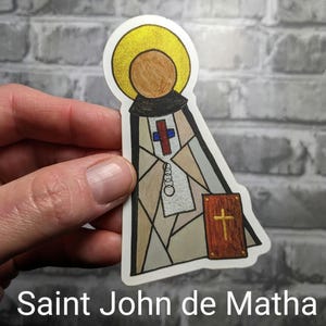 San Juan de Mata, calcomanía de vinilo católica, regalo de confirmación para adolescentes, regalo de Pascua para católicos, calcomanía religiosa moderna y colorida
