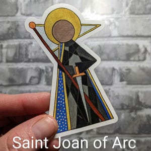 Saint Joan of Arc matte vinyl sticker, Catholic patron saint, abstract modern religious artwork, Easter or confirmation gift