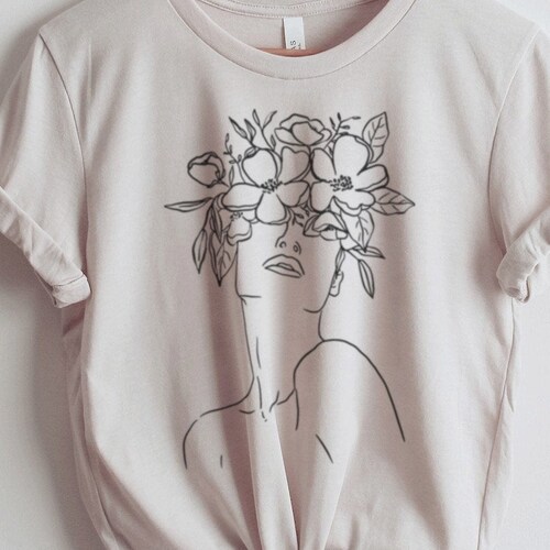 Line Art Boho Tshirt Women With Flowers Modern Minimalist - Etsy