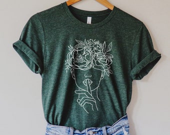 Graphic Tee Line Art | Boho Tshirt | Plant Lady | Women with Flowers Modern Minimalist Tee | T-Shirt | Drawing Shirt for Women