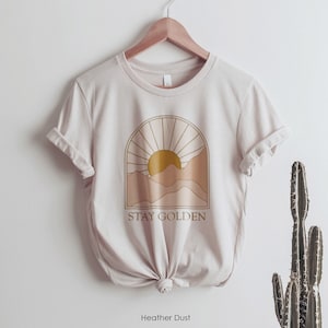 Stay Golden Boho Graphic T-shirt for Women | Minimalist, Neutral Landscape, Adventure, Sun | Abstract Mountain and Sun | 70s Retro