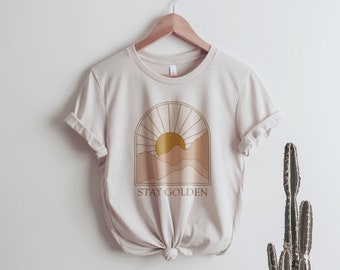 Stay Golden Boho Graphic T-shirt for Women | Minimalist, Neutral Landscape, Adventure, Sun | Abstract Mountain and Sun | 70s Retro