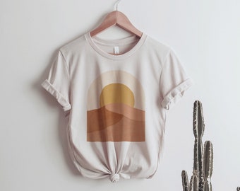 Desert Sun Graphic Tee Shirt | Sun over Sand Minimalist Art t-shirt | Aesthetic Clothing | Boho Landscape Oversized style T-Shirt for women