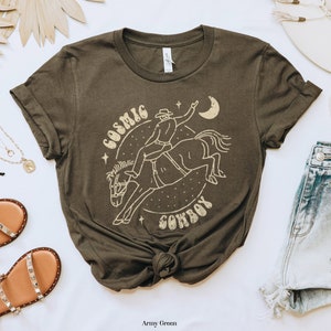 Graphic Tee Cosmic Cowboy Shirt Western Cowboy Retro Style Yee Haw Oversized Styled TShirt for Women Shirt for Women or Men Army Green