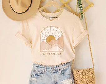 Stay Golden Boho Graphic T-shirt | Minimalist, Neutral Landscape, Adventure, Sun | tshirt Abstract Mountain | 70s Retro | Gift for Her