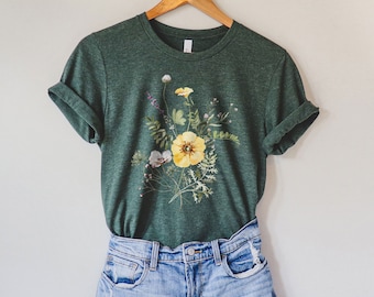 Tee-shirt graphique vintage Wildflowers pour femme | T-shirt Bouquet de fleurs sauvages | Minimaliste, Randonnée Camping en plein air | botanique Cadeau pour elle