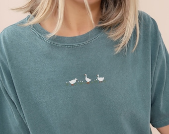 Embroidery Shirt | Geese with Flower | Silly Goose Tee | Embroidered Graphic Tshirt | Relaxed Aesthetic Clothing Oversized Comfort Colors