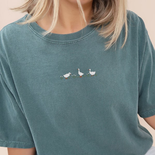 Embroidery Shirt | Geese with Flower | Silly Goose Tee | Embroidered Graphic Tshirt | Relaxed Aesthetic Clothing Oversized Comfort Colors