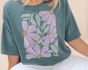 Camiseta con gráfico de flores / Camiseta floral retro / Ropa estética de estilo vintage Colores cómodos de gran tamaño