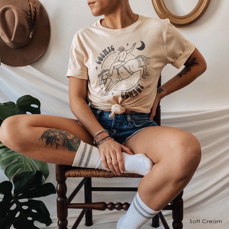 Graphic Tee Cosmic Cowboy Shirt Western Cowboy Retro Style Yee Haw Oversized Styled TShirt for Women Shirt for Women or Men Soft Cream