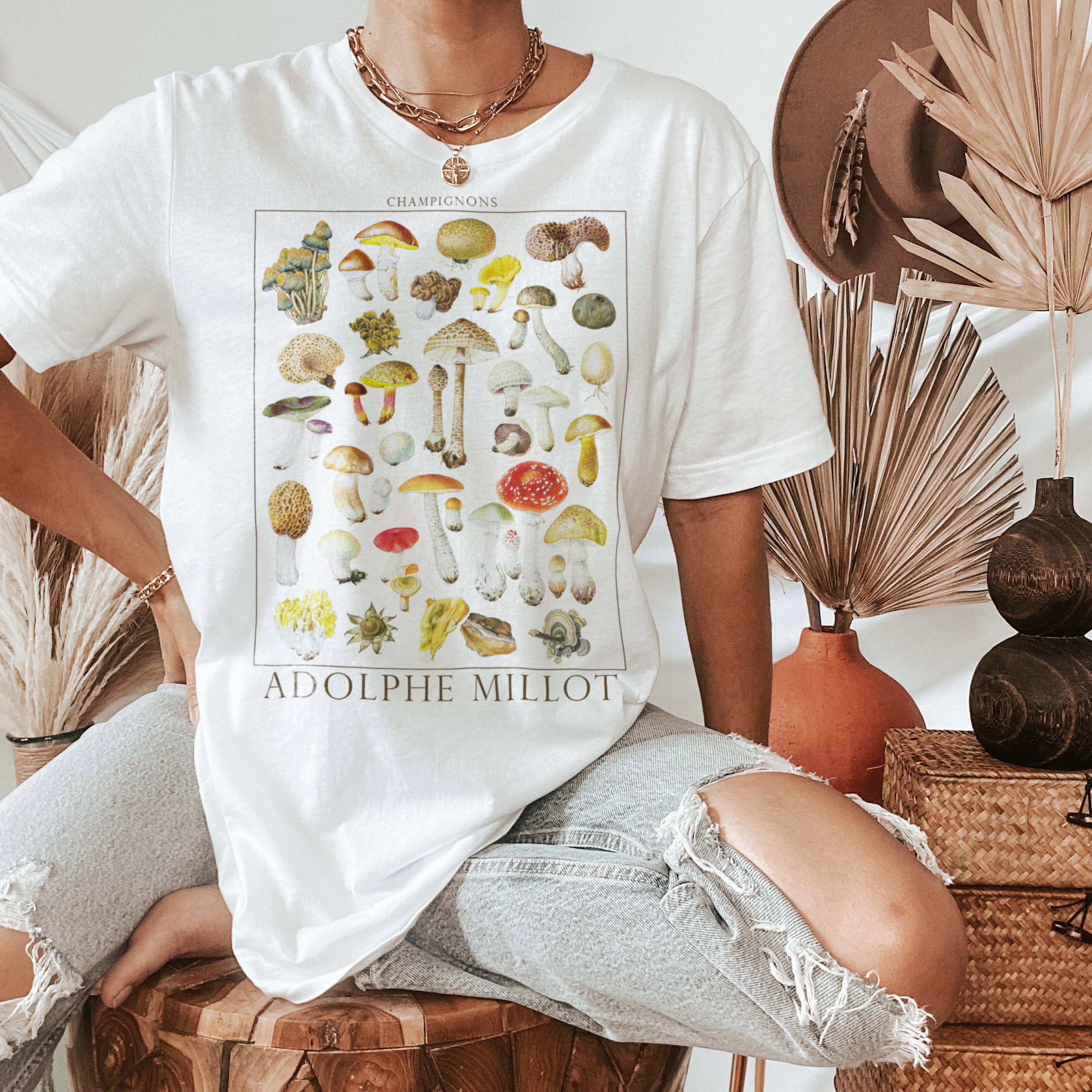 キノコグラフィックTシャツ | ヴィンテージキノコイラストポスター 