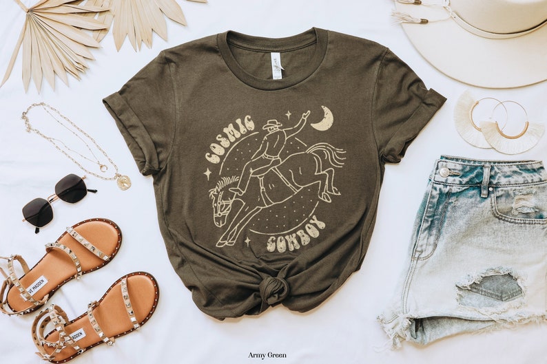 Graphic Tee Cosmic Cowboy Shirt Western Cowboy Retro Style Yee Haw Oversized Styled TShirt for Women Shirt for Women or Men Army Green