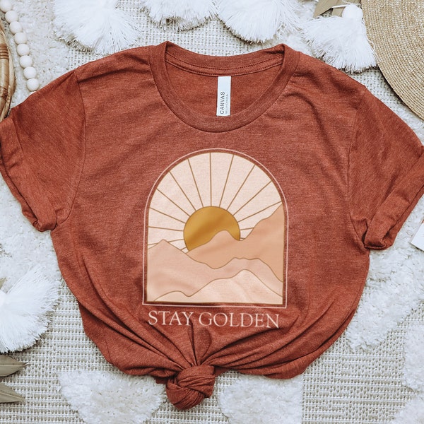 Stay Golden Boho Graphic T-shirt for Women | Minimalist, Neutral Landscape, Adventure, Sun | Abstract Mountain and Sun | 70s Retro