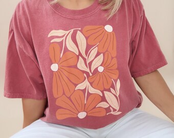 Camiseta con gráfico de flores / Camiseta floral retro / Ropa estética de estilo vintage Colores cómodos de gran tamaño