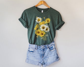 Vintage Wildflowers Graphic Shirt for Women | Corn Marigold, Daisies, Poppies Yellow Flower T-Shirt | Minimalist, Botanical | Gift for her