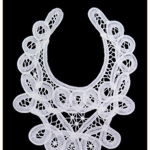 May include: A white lace collar with a U-shaped neckline, set against a black background. The collar's design features a detailed pattern of loops and geometric shapes. The lace appears to be handmade, showcasing fine craftsmanship and a delicate aesthetic.