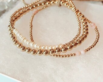 Pulsera de cuentas • Pulsera de cuentas rellena de oro rosa de 14 quilates/pulsera de cuentas rellena de oro de 14 quilates • Patrón de piedras preciosas de ópalo rosa • Pulseras elásticas • Joyería apilable