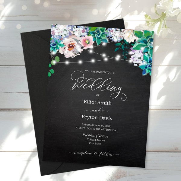 Black Wedding Invitation Template, Chalkboard Wedding Invitation with Flowers, Greenery, and String Lights