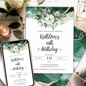 Green Floral Birthday Party Invitation Template with Green Watercolor, Printable & Phone Invite for Birthday Celebration, Envelope Template