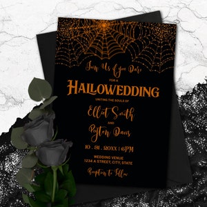 Halloween Wedding Invitation Suite, Wedding Invite Template with Orange Spider Webs and a Black Background