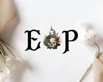 Goth Wedding Logo with a Masquerade Skull of Burnt Orange Flowers and Black Roses, Dark Gothic Halloween Wedding Monogram